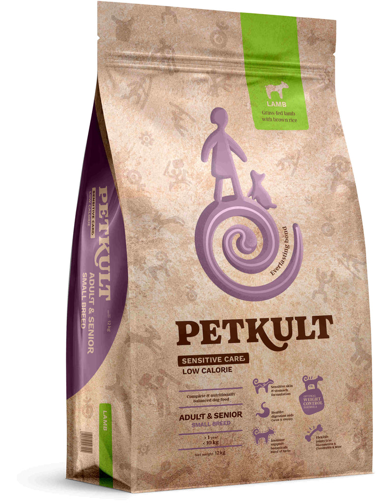PETKULT Sensitive Low Callories Adult & SENIOR, talie mică, Miel/orez - Maxi-Pet.ro