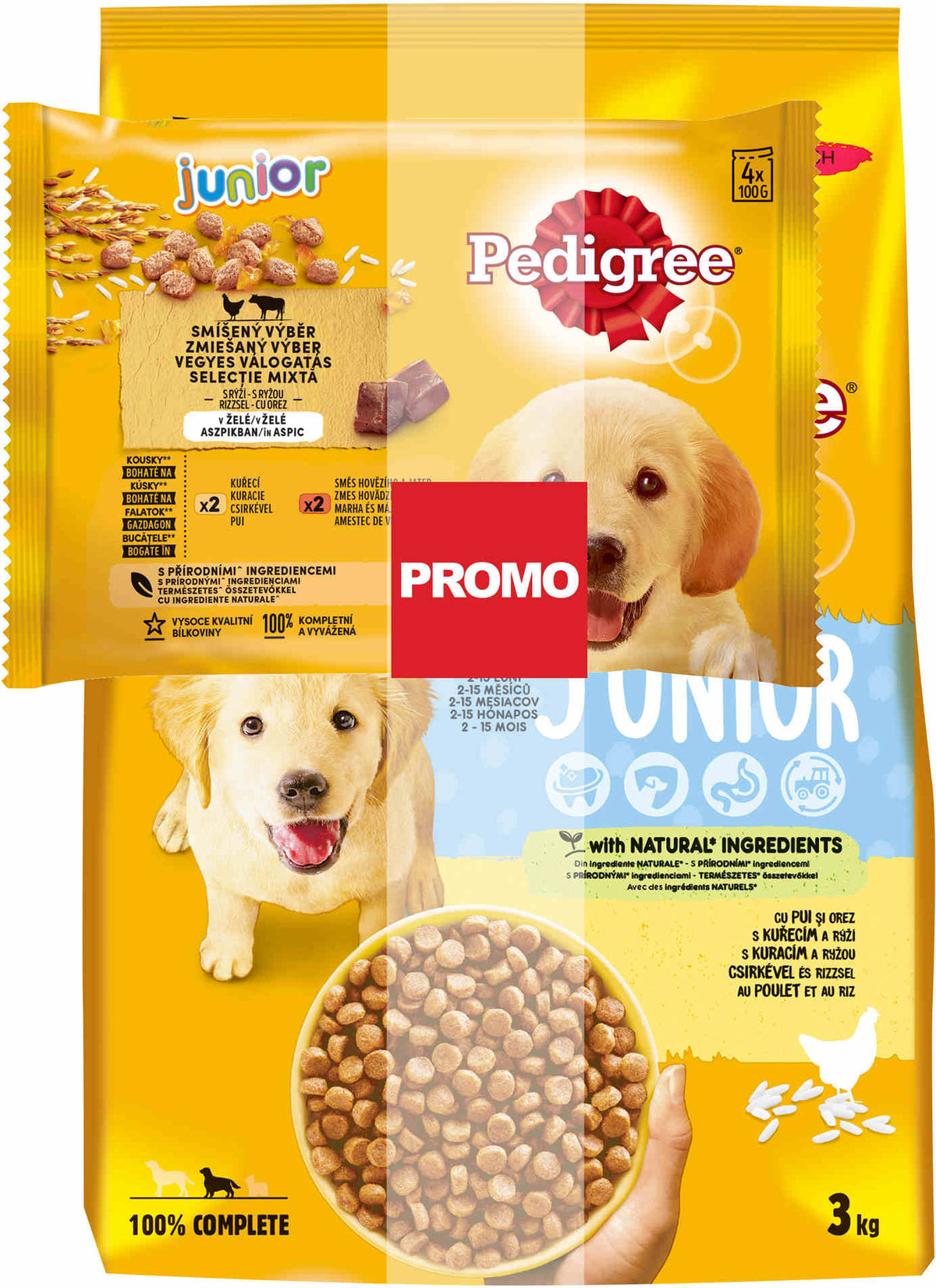 PEDIGREE Hrana uscata pentru catei JUNIOR Talie Medie, cu Pui/Orez 3kg+4x100g GR