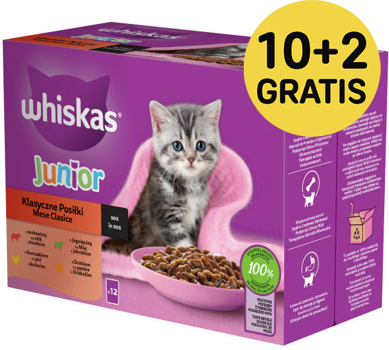 WHISKAS Classic JUNIOR Mix plicuri pisicute, Miel/Vita/Pui/Pasare in sos