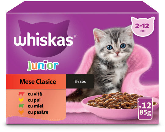 WHISKAS Classic JUNIOR Mix plicuri pisicute, Miel/Vita/Pui/Pasare in sos 12x85g
