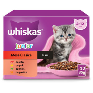 WHISKAS Classic JUNIOR Mix plicuri pisicute, Miel/Vita/Pui/Pasare in sos 12x85g