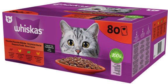 WHISKAS Classic Mix plicuri pisici Adulte, cu Miel/Vita/Pui/Pasare in sos 80x85g