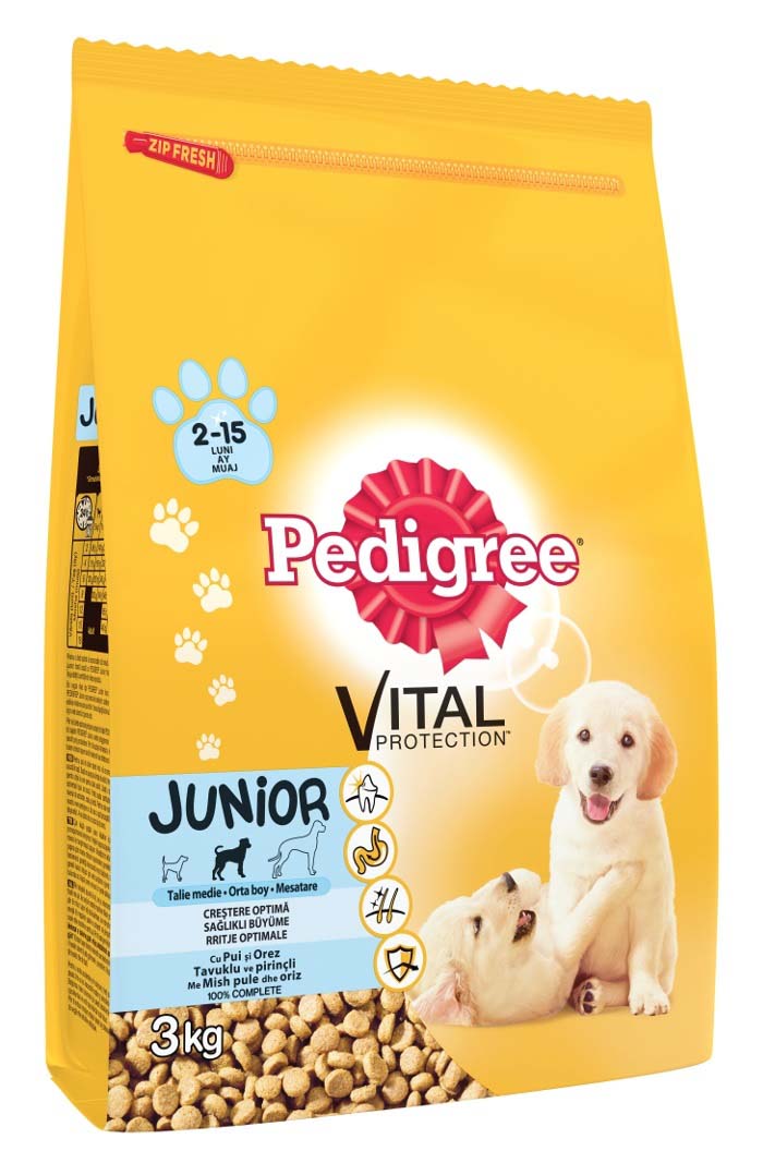 PEDIGREE Hrana uscata pentru catei JUNIOR Talie Medie, cu Pui si Orez 3kg