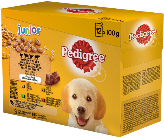 PEDIGREE Pachet plicuri JUNIOR, cu Pui, Miel, Vita si Pasare 12x100g