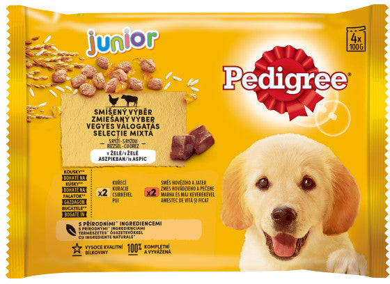 PEDIGREE Pachet plicuri JUNIOR, cu Pui, Vita si Orez in Aspic 4x100g