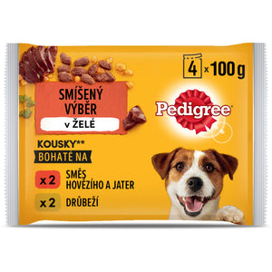 PEDIGREE Pachet plicuri pentru caini Adulti, cu Vita si Pasare in aspic 4x100g