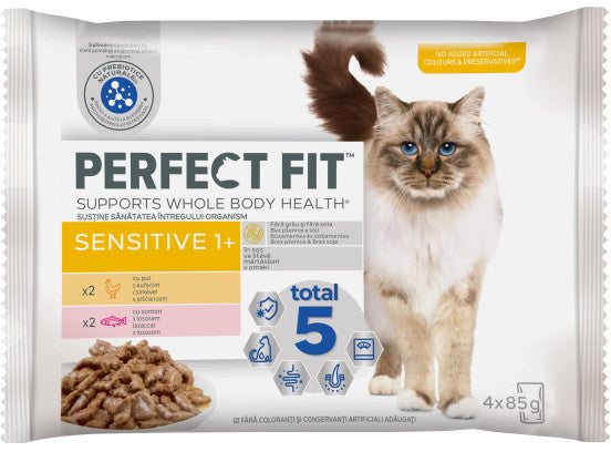 PERFECT FIT Hrana umeda cu Pui si Somon in sos pentru pisici sensibile 4x85g