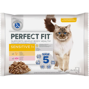 PERFECT FIT Hrana umeda cu Pui si Somon in sos pentru pisici sensibile 4x85g