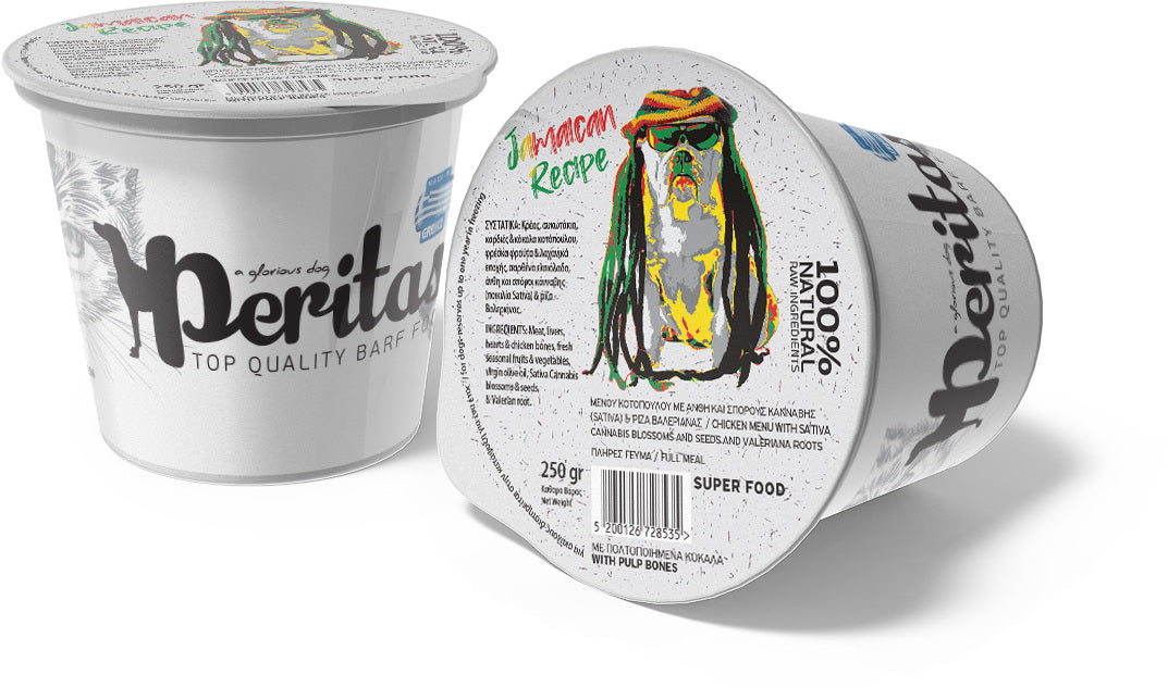 PERITAS Meniu Jamaican, hrana cuda congelata pentru caini, Pui si Canepa 250g