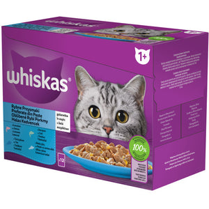 WHISKAS Mix plicuri pisici Adulte, cu Somon/Ton/Cod/Peste Alb in aspic 12x85g