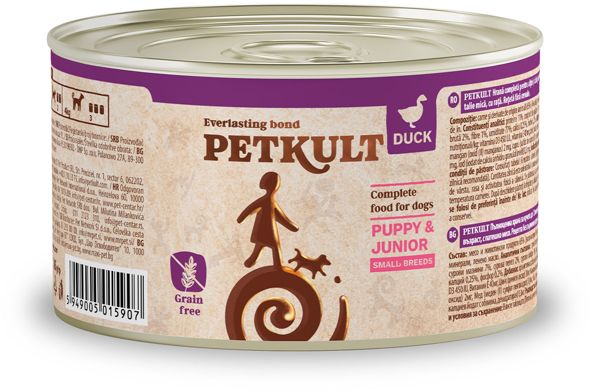PETKULT Conserva pentru caini de talie mica, JUNIOR, cu Rata 185g