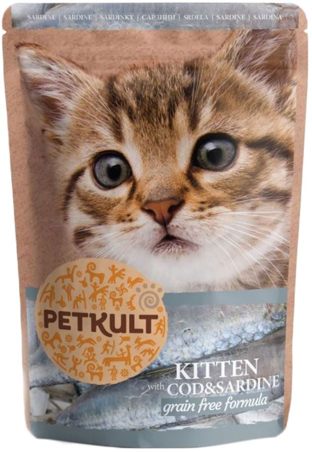 PETKULT Plic pentru KITTEN, Cod si Sardine 100g