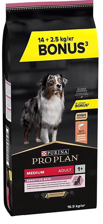 PRO PLAN Hrana uscata SENSITIVE Adult Medium Breed, cu Somon 14kg+2,5kgGRATIS