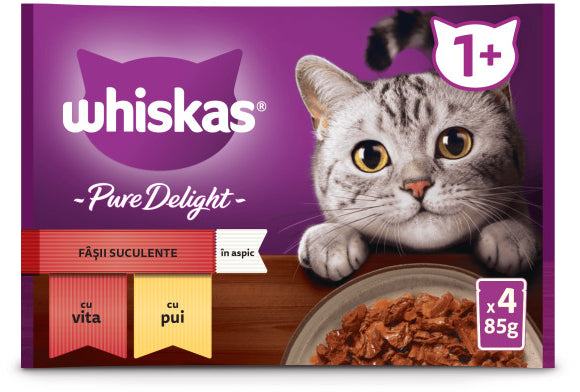 WHISKAS Pure Delight Mix plicuri pisici Adulte, cu Vita/Pui in aspic 4x85g