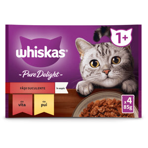 WHISKAS Pure Delight Mix plicuri pisici Adulte, cu Vita/Pui in aspic 4x85g