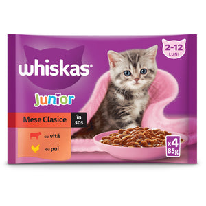 WHISKAS Classic JUNIOR Mix plicuri pisicute, Vita/Pui in sos 4x85g