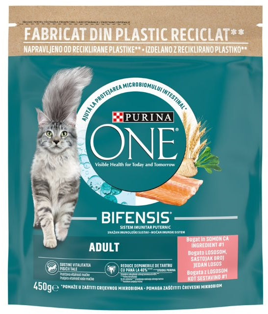 PURINA ONE Hrana uscata pentru pisici Adulte , cu Somon si Grau 450g