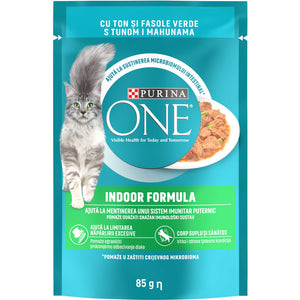 PURINA ONE INDOOR, cu Ton si Fasole Verde, Mini Fileuri in Sos 85g