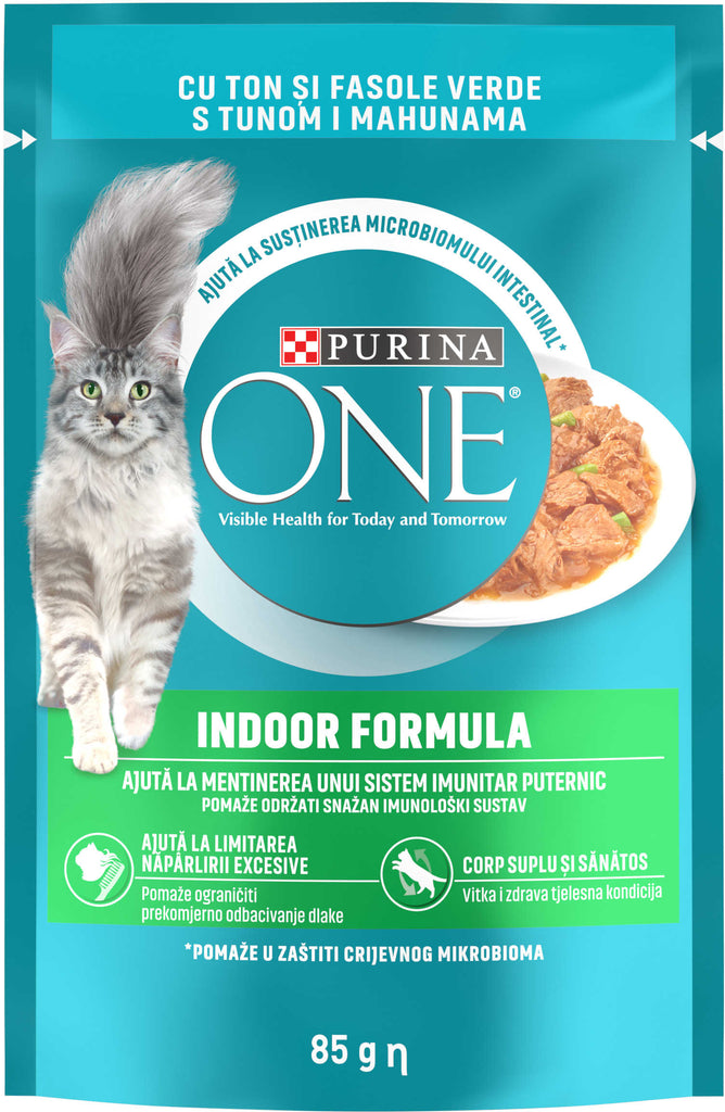 PURINA ONE INDOOR, cu Ton si Fasole Verde, Mini Fileuri in Sos 85g