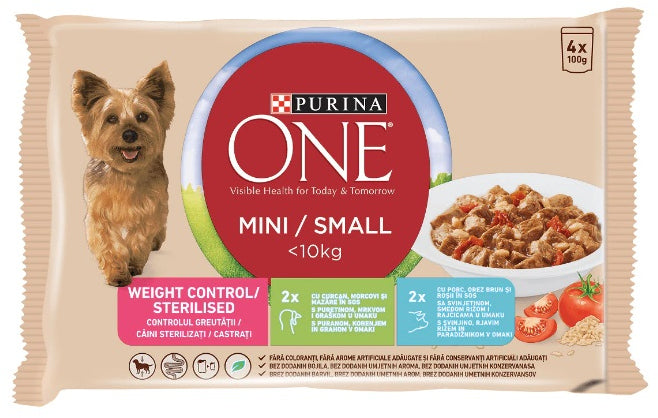 PURINA ONE Mini Plic hrana umeda pentru caini, controlul greutatii,Curcan 4x100g