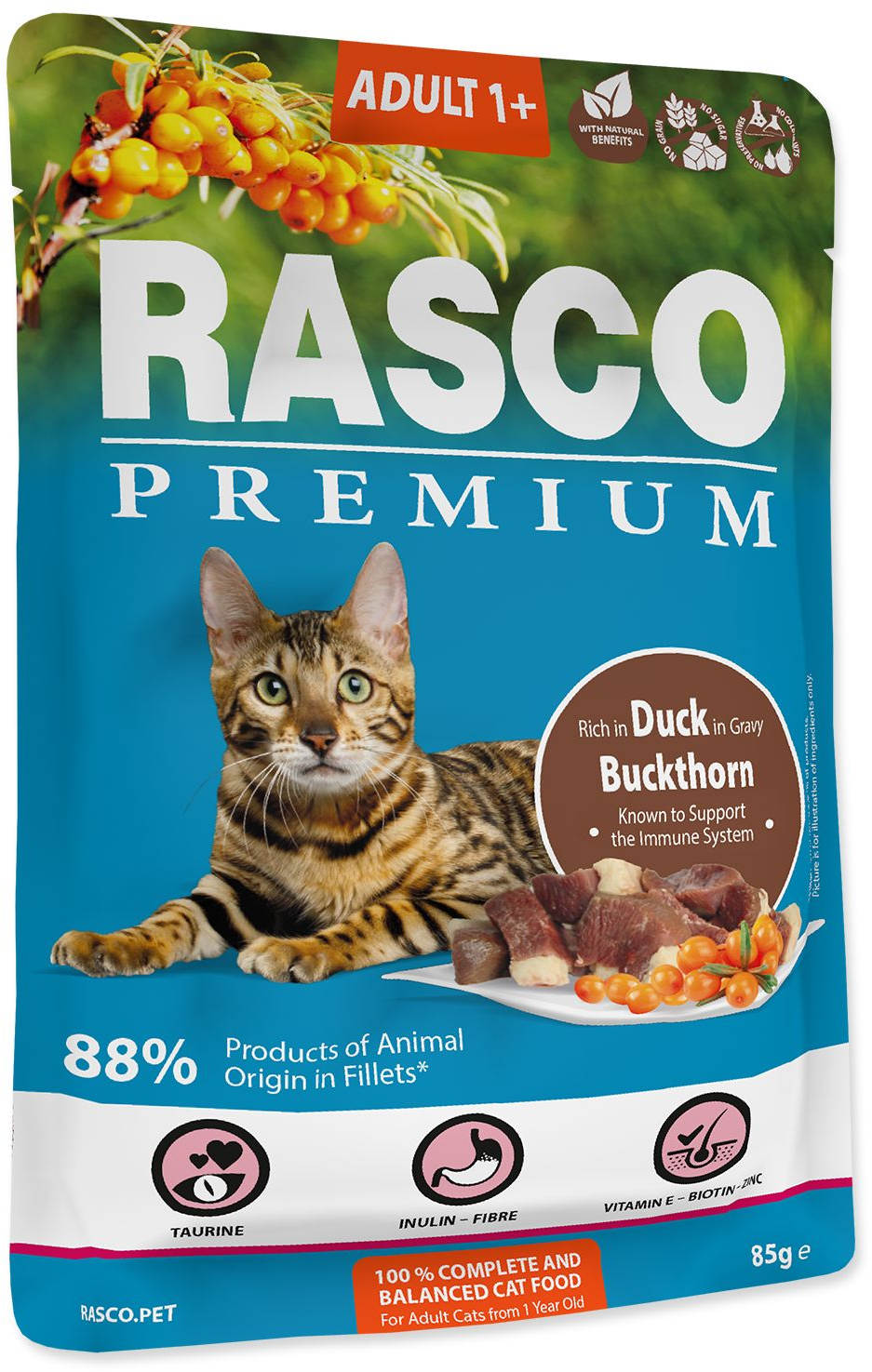 RASCO Premium Plic pentru pisici adulte, cu Rata si Catina 85g
