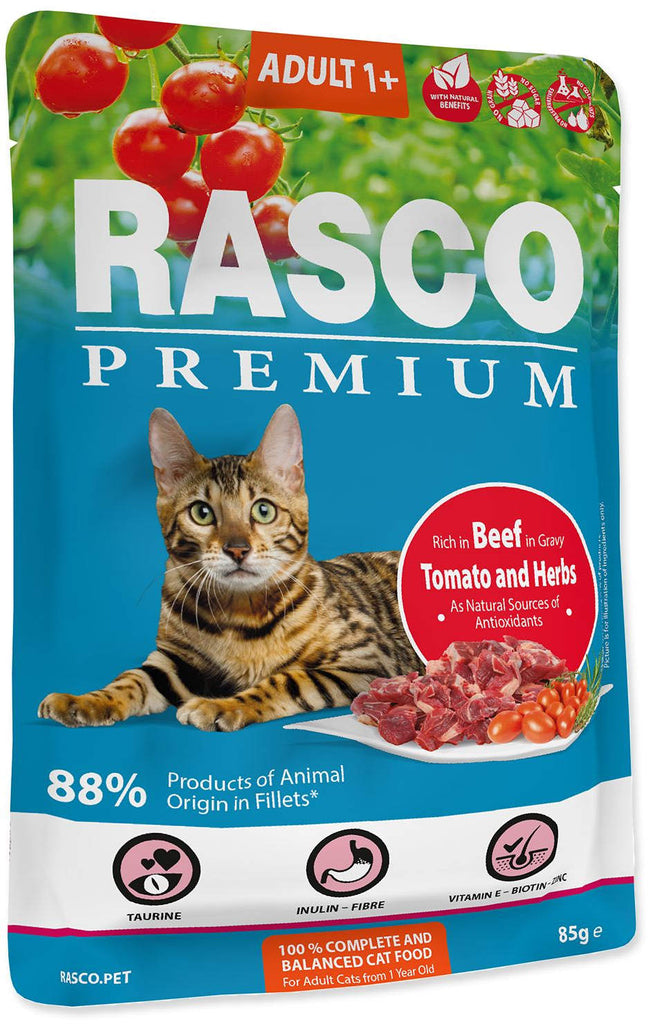 RASCO Premium Plic pentru pisici adulte, cu Vita, Roşii şi Ierburi 85g