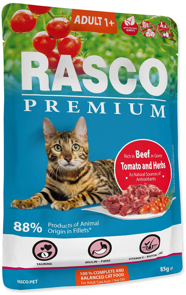 RASCO Premium Plic pentru pisici adulte, cu Vita, Rosii si Ierburi 85g