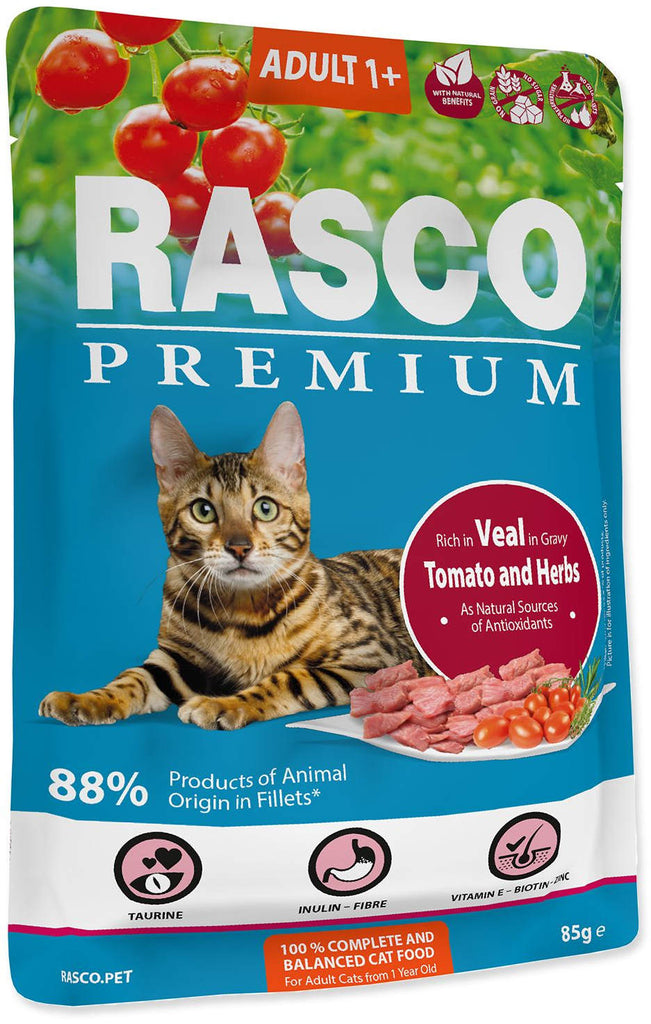 RASCO Premium Plic pentru pisici adulte, cu Viţel, Roşii şi Ierburi 85g