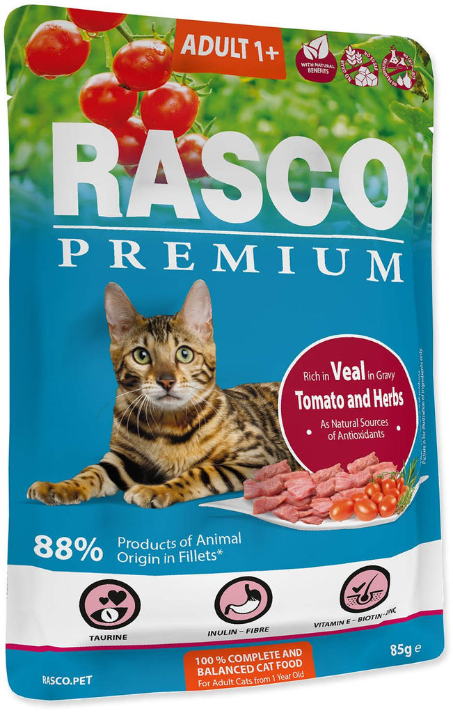 RASCO Premium Plic pentru pisici adulte, cu Vitel, Rosii si Ierburi 85g