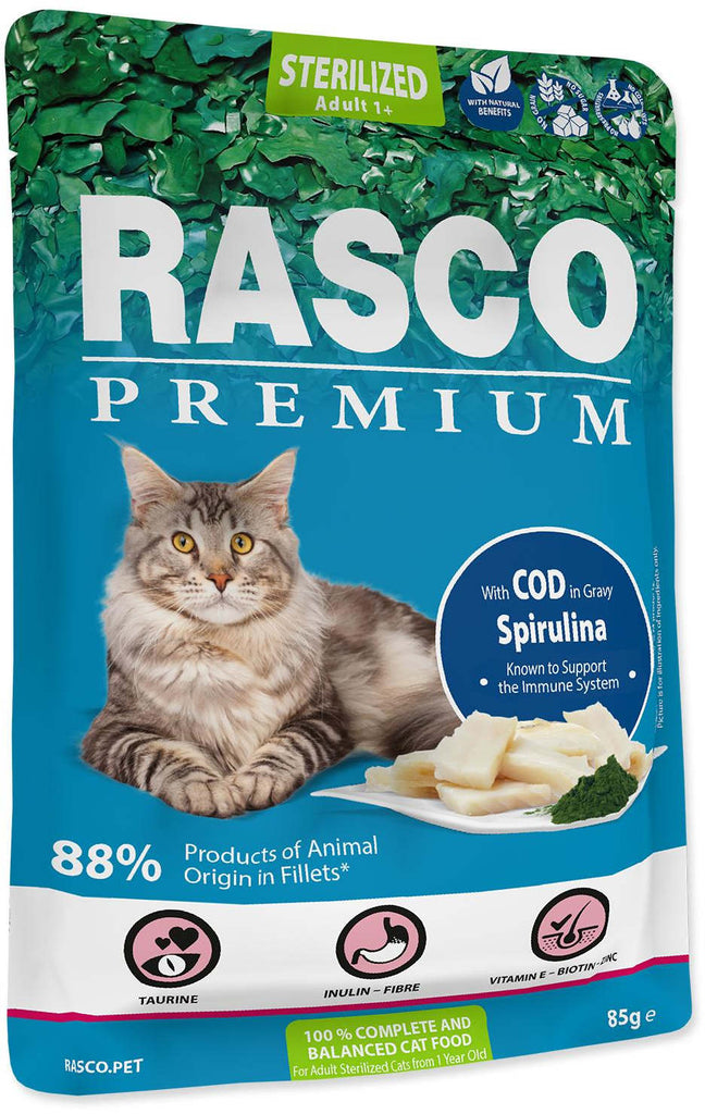 RASCO Premium Sterilized Plic pentru pisici adulte, Cod şi Spirulina 85g