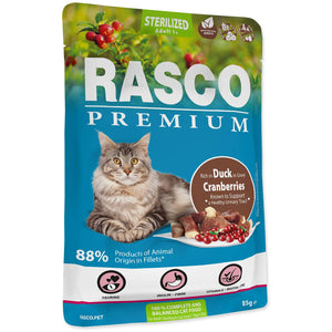 RASCO Premium Sterilized Plic pentru pisici adulte, cu Rata si Merisoare 85g