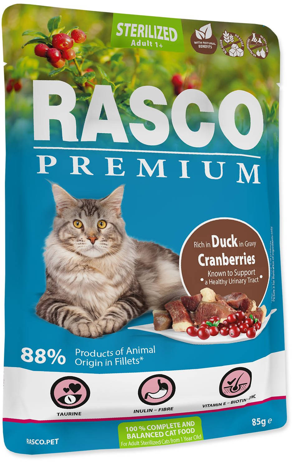 RASCO Premium Sterilized Plic pentru pisici adulte, cu Rata si Merisoare 85g