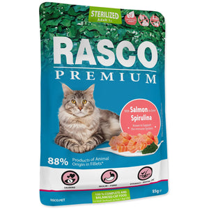 RASCO Premium Sterilized Plic pentru pisici adulte, cu Somon si Spirulina 85g