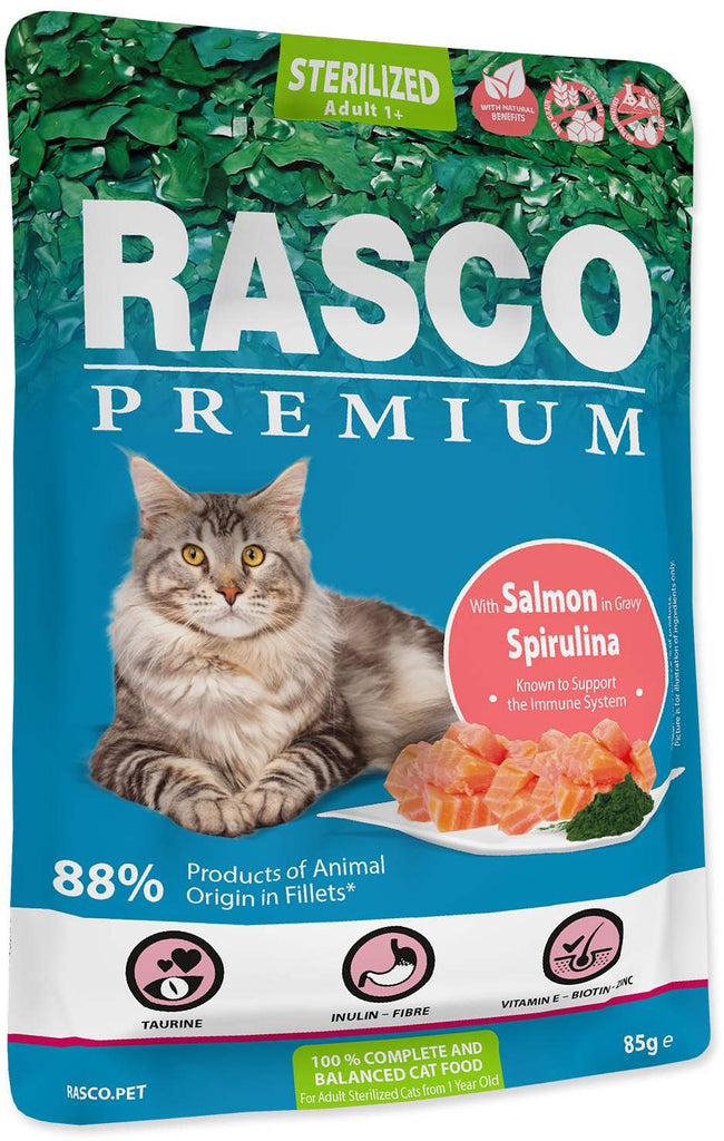 RASCO Premium Sterilized Plic pentru pisici adulte, cu Somon si Spirulina 85g