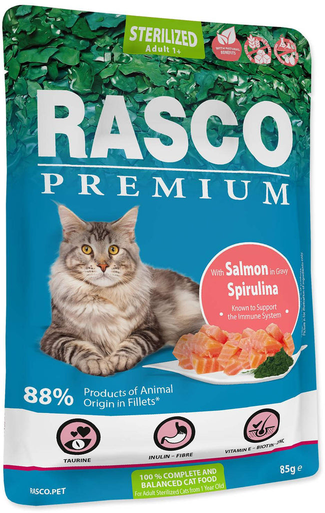 RASCO Premium Sterilized Plic pentru pisici adulte, cu Somon şi Spirulina 85g