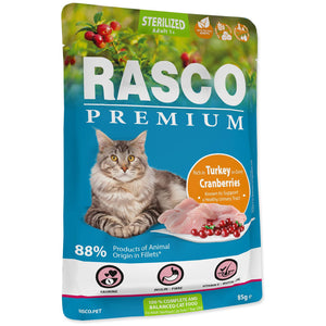 RASCO Premium Sterilized Plic pentru pisici adulte, Curcan si Merisoare 85g