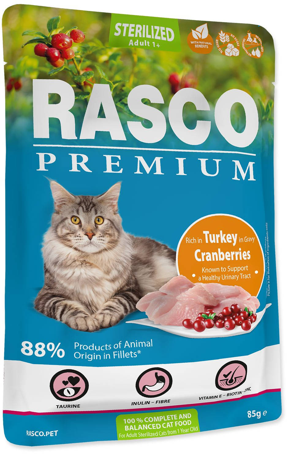 RASCO Premium Sterilized Plic pentru pisici adulte, Curcan si Merisoare 85g