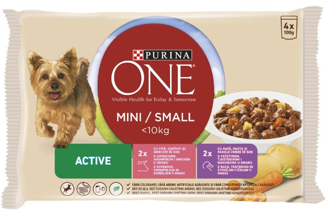 PURINA ONE Mini Active Hrana umeda pentru caini, Vita/Raţa 4x100g