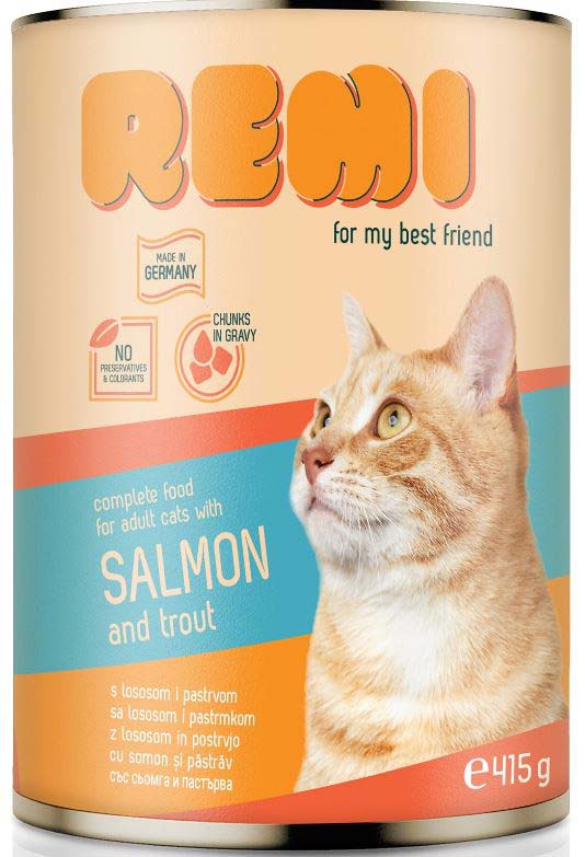 REMI Somon şi pastrav, Hrana umeda pentru pisici, conserva 415g