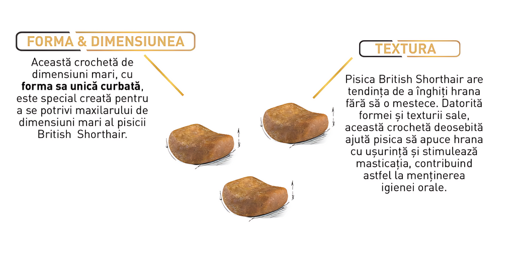 FORMA & DIMENSIUNEA Această crocheță de dimensiuni mari, cu forma sa unică curbată, este special creată pentru a se potrivi maxilarului de dimensiuni mari al pisicii British Shorthair.  TEXTURA Pisica British Shorthair are tendința de a înghiți hrana fără să o mestece. Datorită formei și texturii sale, această crocheță deosebită ajută pisica să apuce hrana cu ușurință și stimulează masticația, contribuind astfel la menținerea igienei orale.