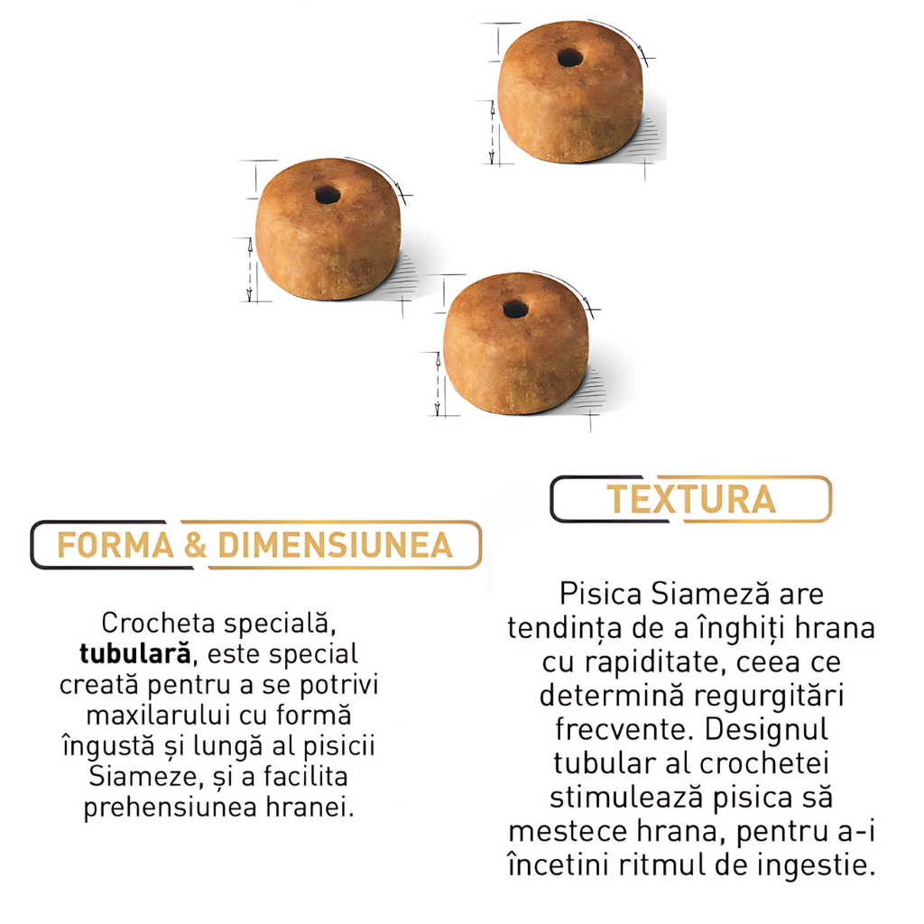 FORMA & DIMENSIUNEA Crocheta specială, tubulară, este special creată pentru a se potrivi maxilarului cu formă îngustă și lungă al pisicii Siameze, și a facilita prehensiunea hranei.  TEXTURA Pisica Siameză are tendința de a înghiți hrana cu rapiditate, ceea ce determină regurgitări frecvente. Designul tubular al crochetei stimulează pisica să mestece hrana, pentru a-i încetini ritmul de ingestie.