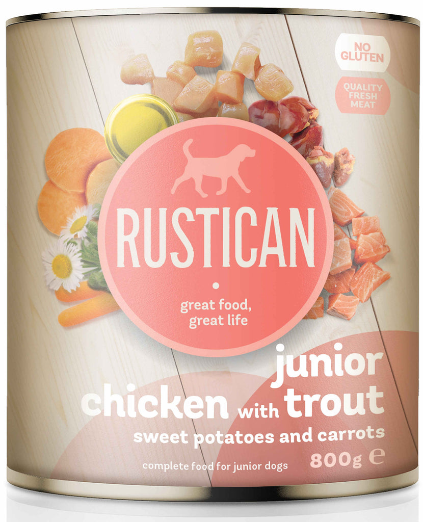 RUSTICAN JUNIOR Pui, Pastrav, Cartofi dulci si Morcovi 800g