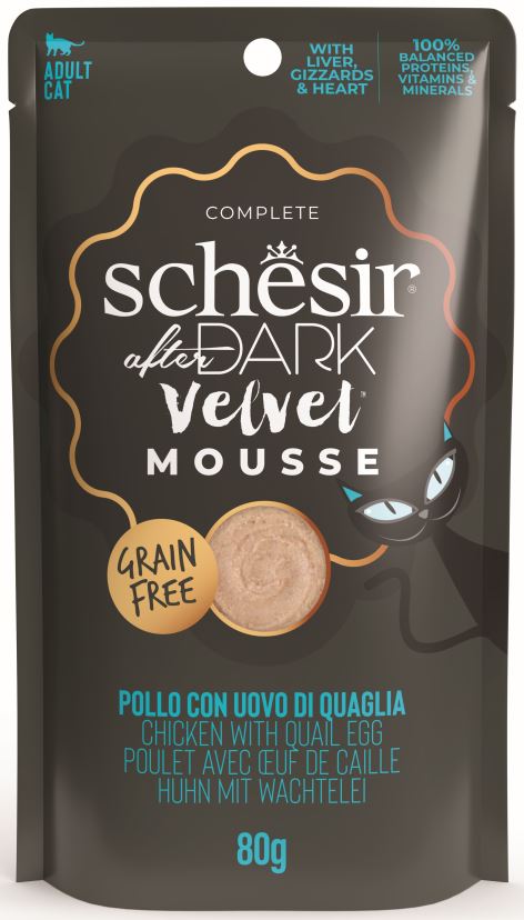 SCHESIR After Dark Plic pentru pisici, mousse cu Pui si Ou de Prepelita 80g