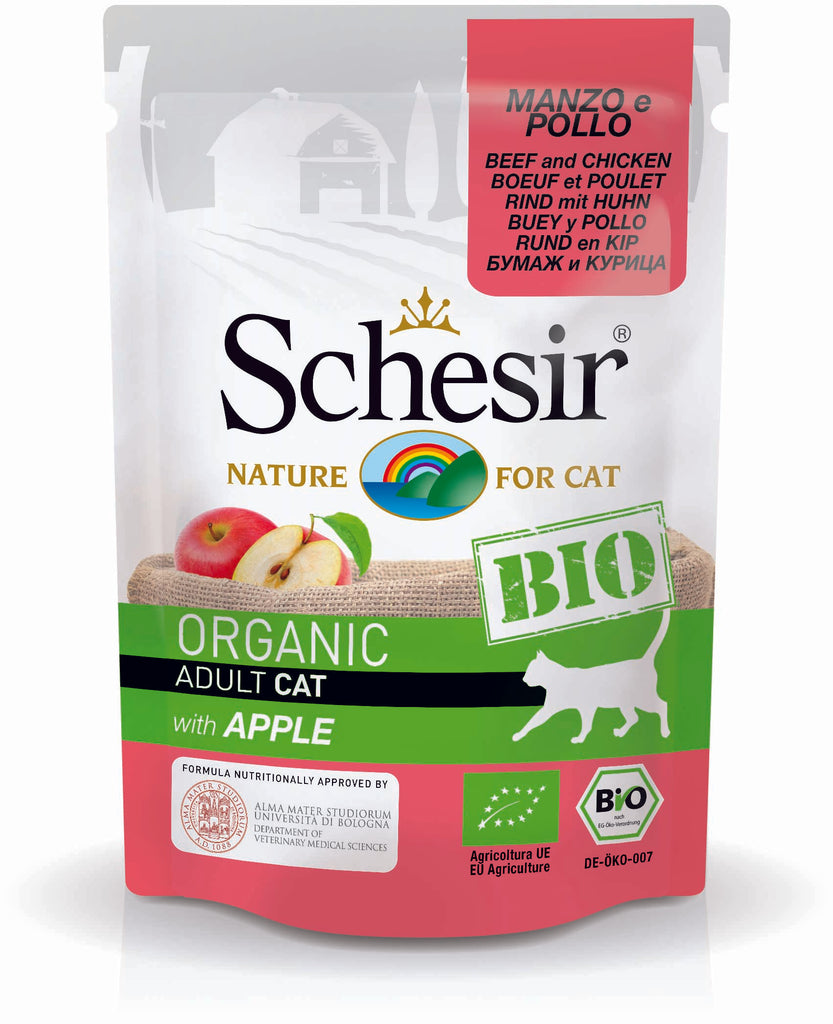 SCHESIR BIO Plic hrana umeda pentru pisici, cu Vita, Pui si Mar 85g