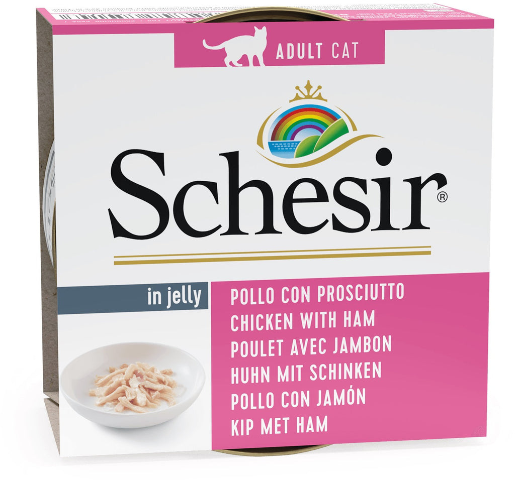 SCHESIR Can Jelly Conserva pentru pisici, cu file de Pui si Sunca 85g 