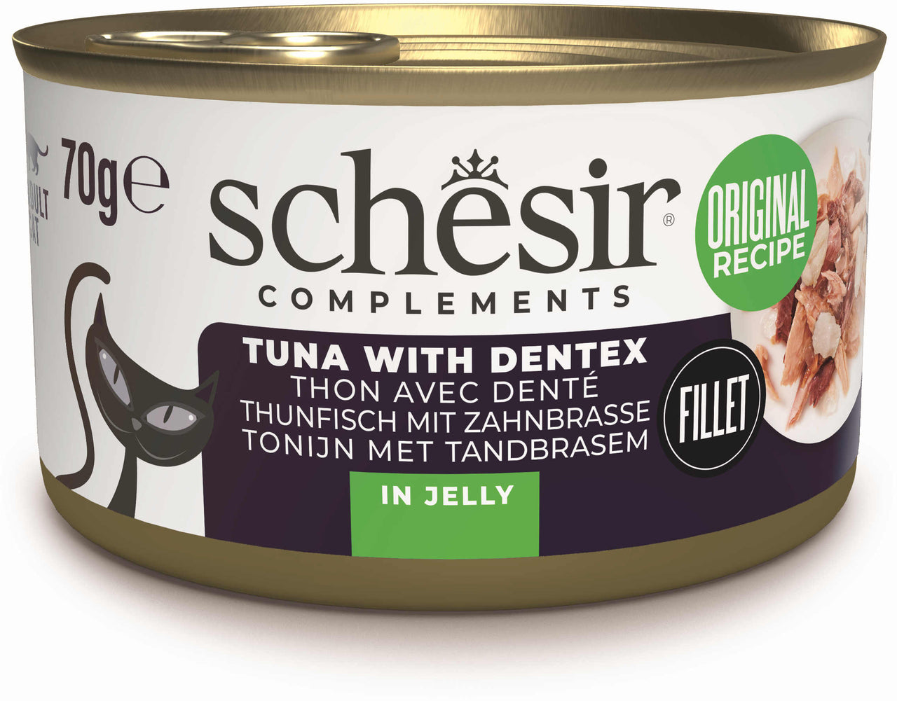 SCHESIR Conserva pentru pisici, cu Ton si  Dintat, in jeleu 70g
