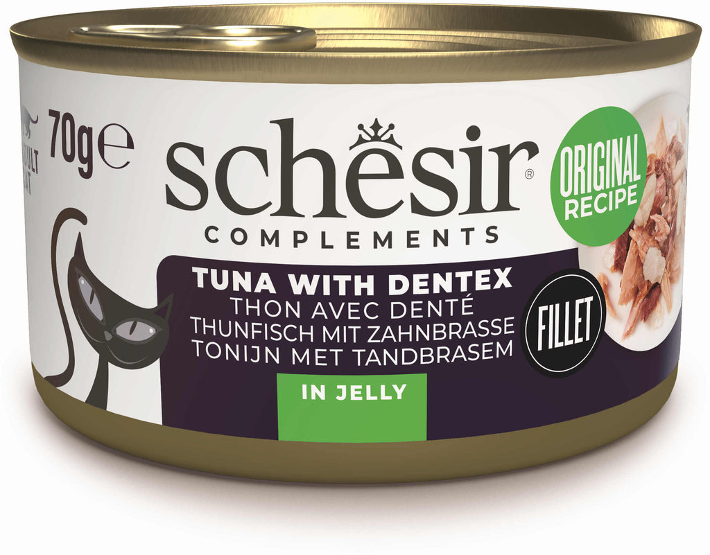 SCHESIR Conserva pentru pisici, cu Ton si  Dintat, in jeleu 70g