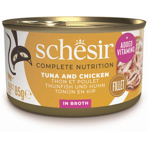 SCHESIR Conserva pentru pisici, cu Ton si Pui, in supa 85g