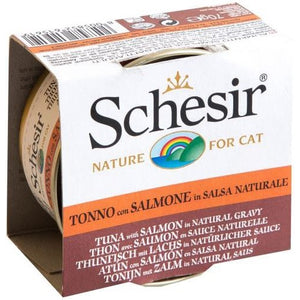 SCHESIR Conserva pentru pisici Ton si Somon in Sos Natural, FARA GLUTEN 70g