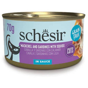 SCHESIR GRILL Conserva pentru pisici, File de Sardine, Macrou, Calamar sos 70g